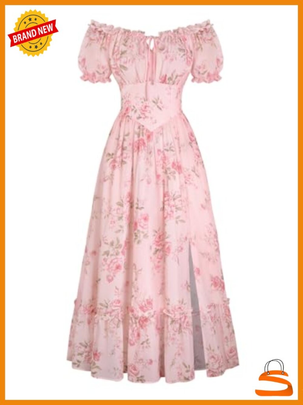 Floral Corset Dress Flowy A-line Midi Puff Sleeve Square Neck Side Pockets - Picture 1 of 6